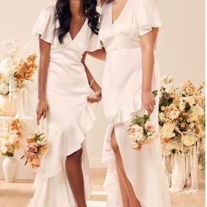 White Satin Ruffled Flutter Sleeve Maxi Dress